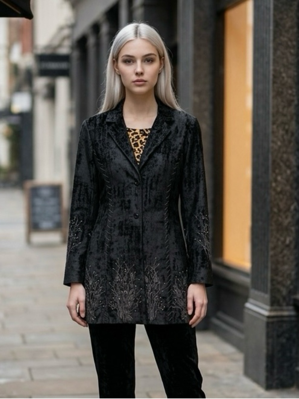 Vintage Anage Long Coat Crinkled Black Velvet Sequins Embroidery